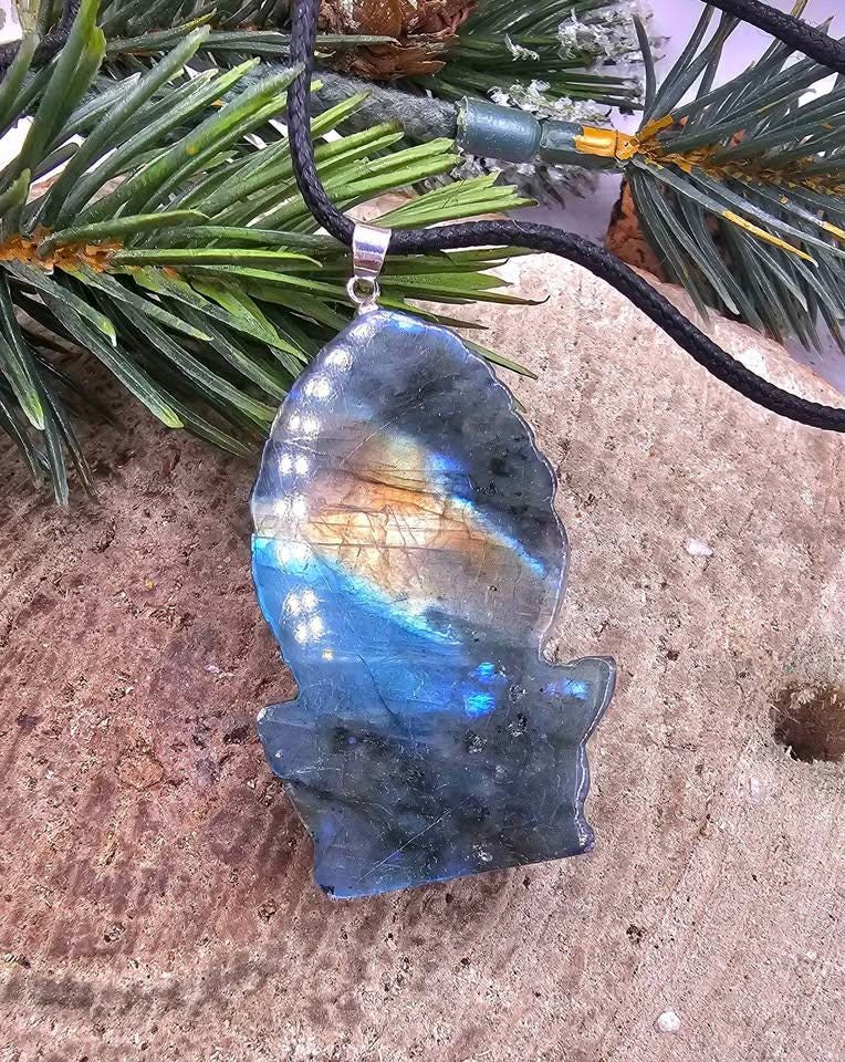Nature Labradorite Flashy Carved Elephant God Ganesha Pendant Necklace