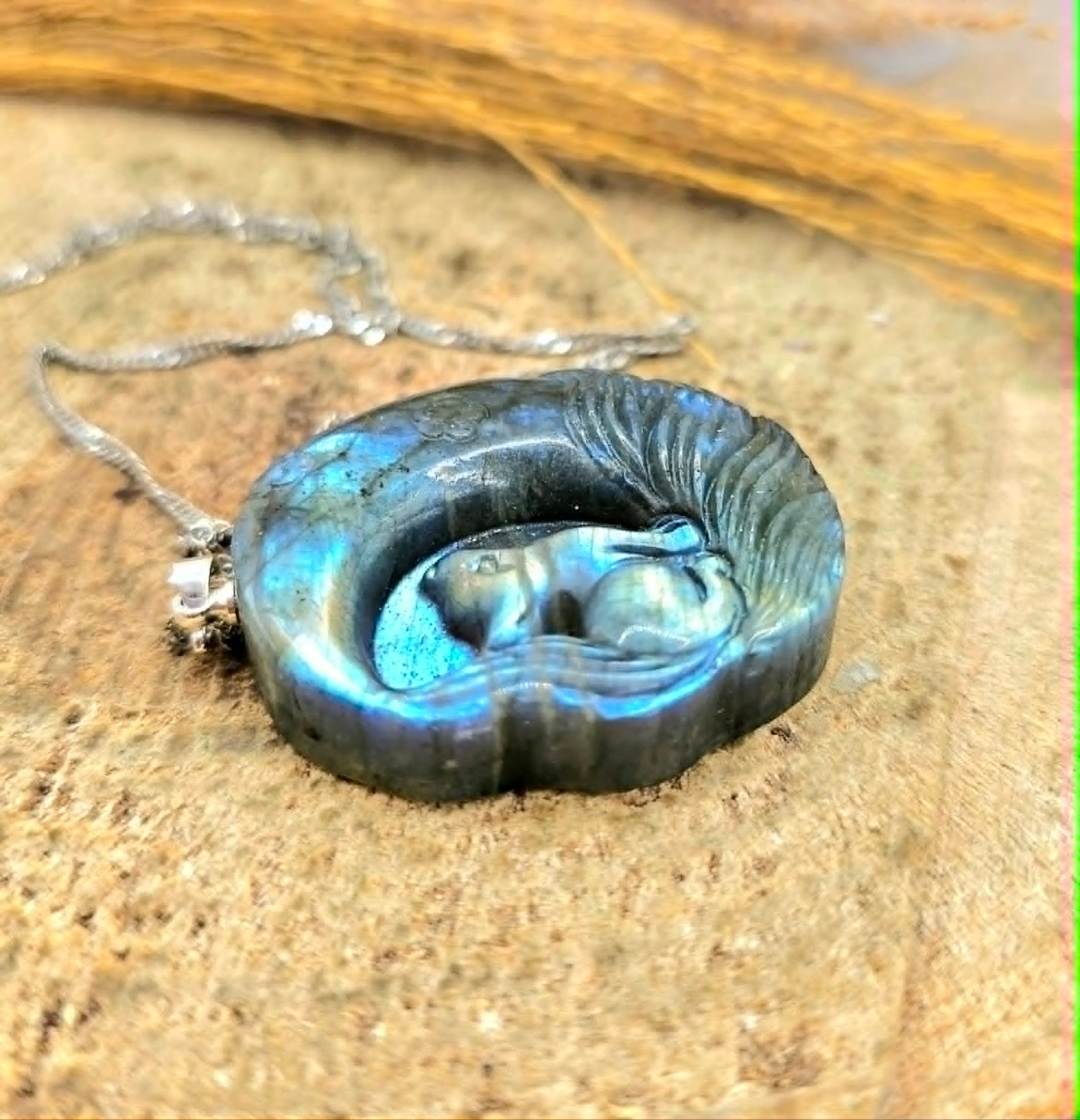 Labradorite nine tails fox and moon pendant necklace back view — My Aura Gemstones