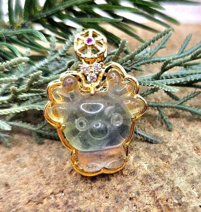 Nature Rainbow Fluorite Carved Deer Gold Wrapped Pendant Necklace