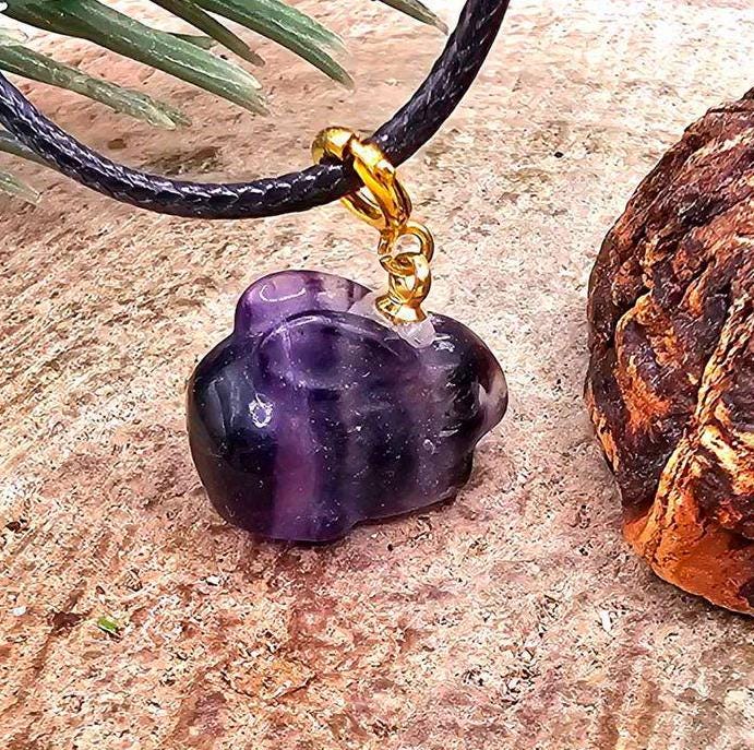 Nature Purple Fluorite Carved Cute Rabbit Pendant Necklace
