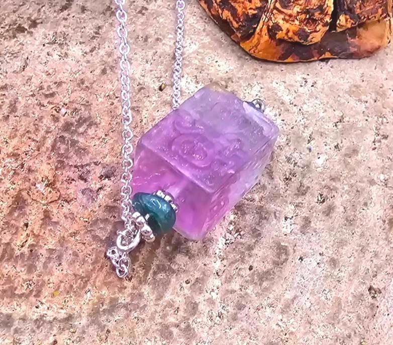 Nature Fluorite Carved Fret Symbols Cube Pendant Necklace