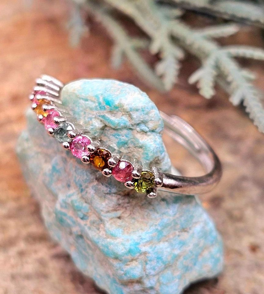 Beautiful Nature Tourmaline Gemstones Mixed Colors Adjustable Ring