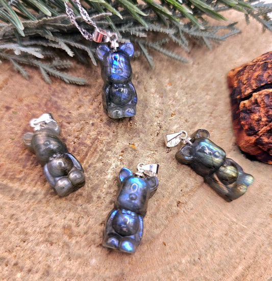 Nature Labradorite Carved Flashy Standing Bear Pendant Necklace