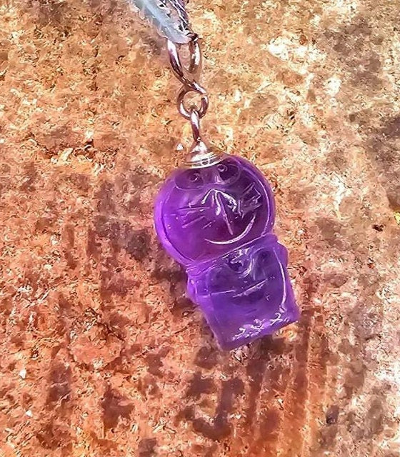Cute Nature Amethyst Carved Doraemon Gadget Cat Pendant Necklace