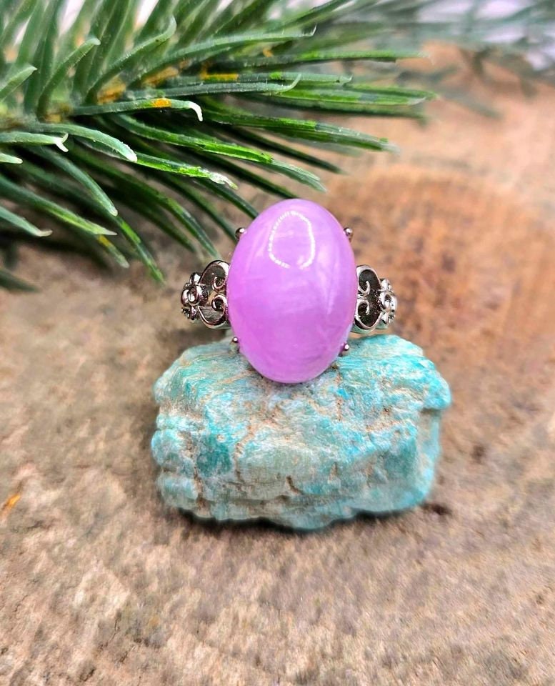 Beautiful Big Nature Purple Kunzite S925 Adjustable Ring