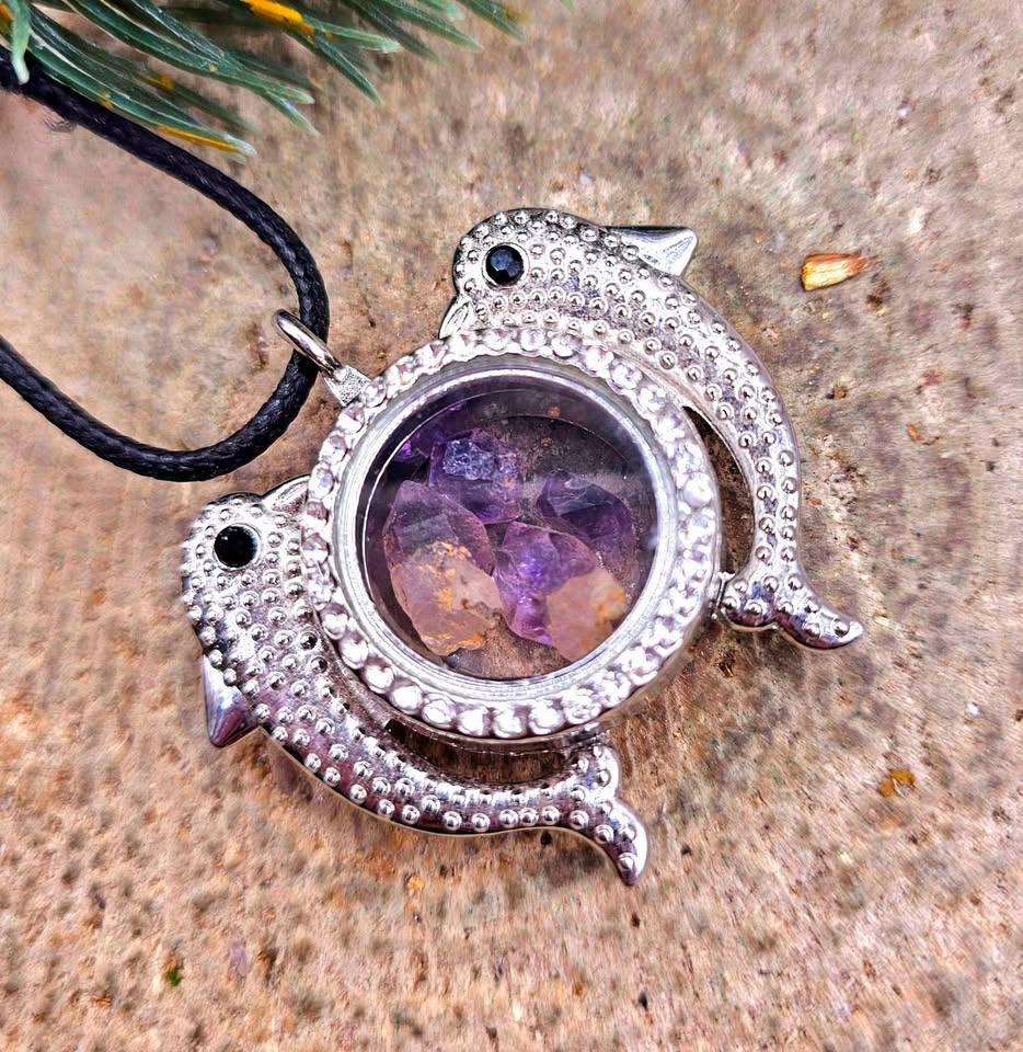 Dolphins Super Seven Raw Stone Floating Locket Necklace