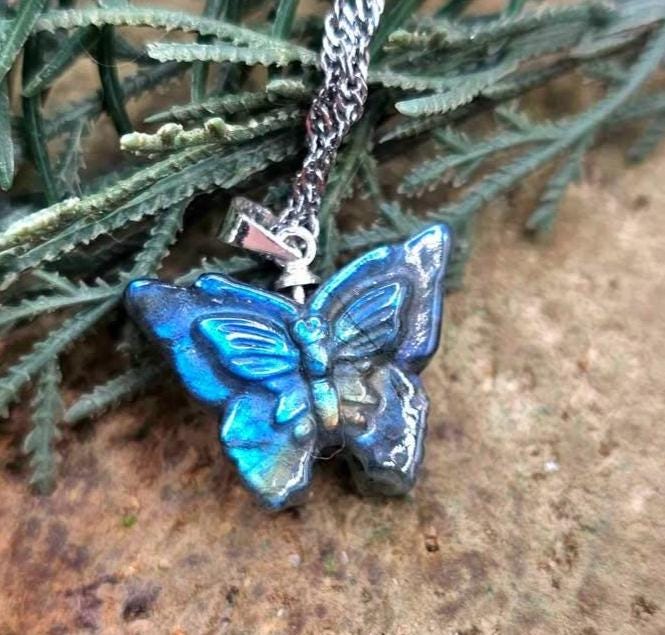 Nature Labradorite Flashy Butterfly Pendant Necklace