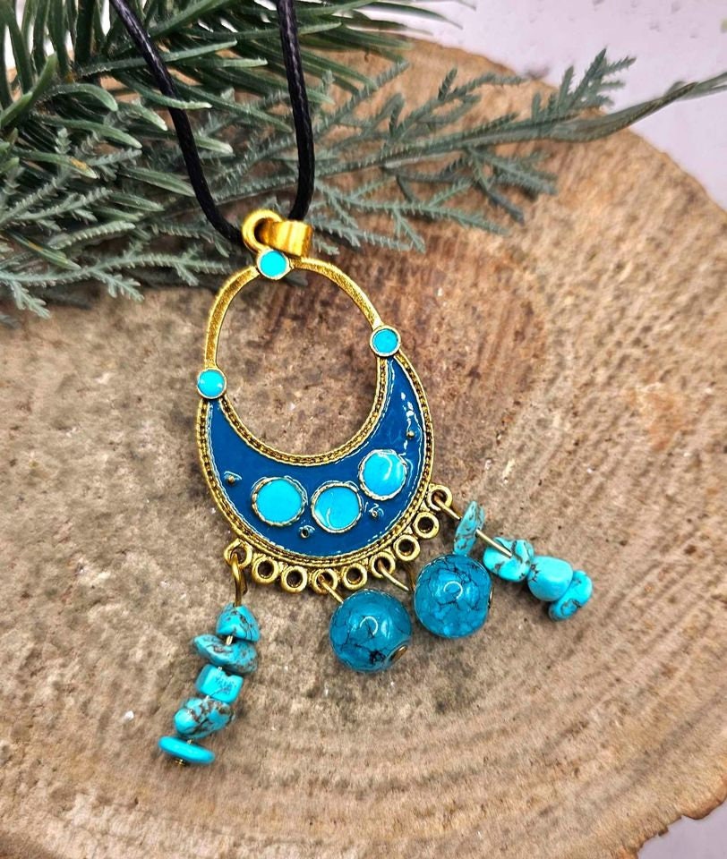 2pcs Turquoise Howlite Pendant And Chunky Cuff Bracelet Set