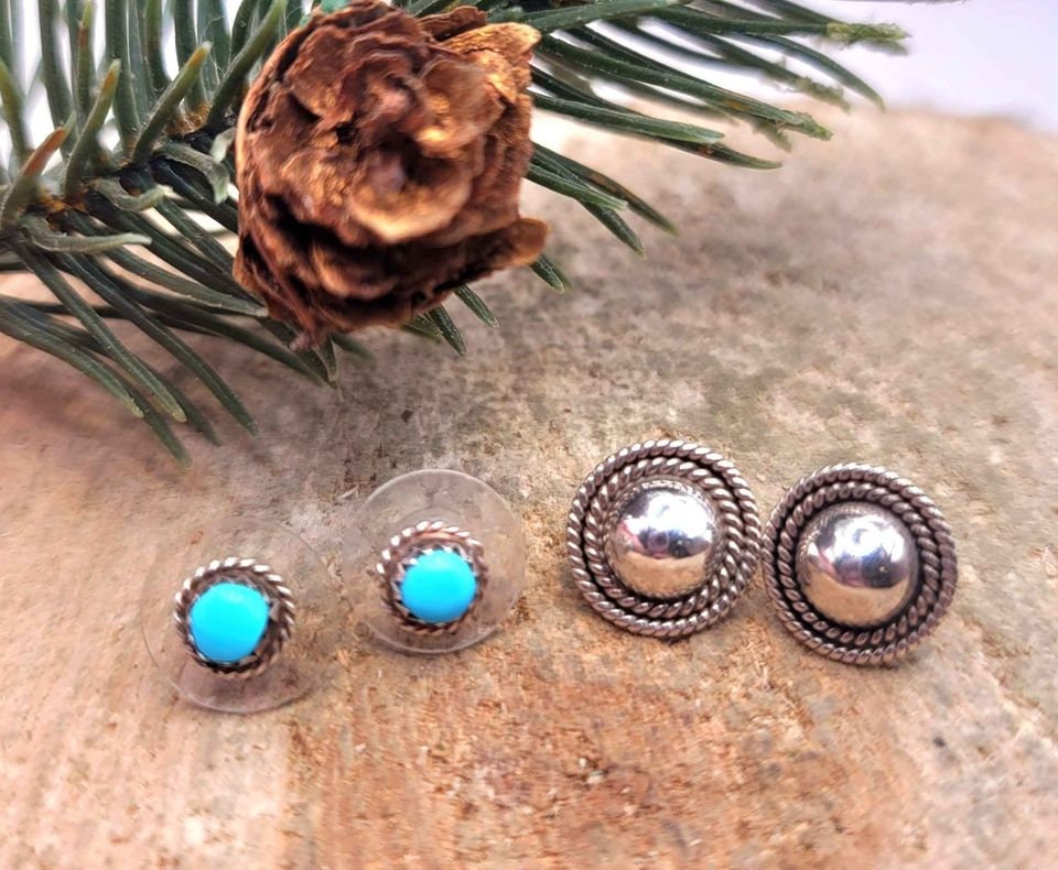Beautiful 2 Pairs Of Nature Turquoise & Sterling Silver Patterned Earstuds