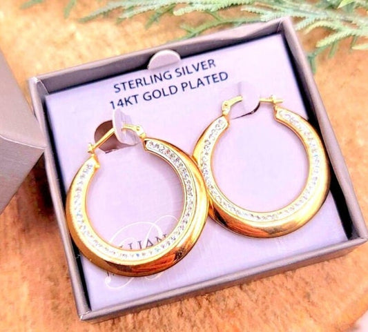 New In Box 14k Gold Plated Sterling Silver White Enamel Hoop Earrings