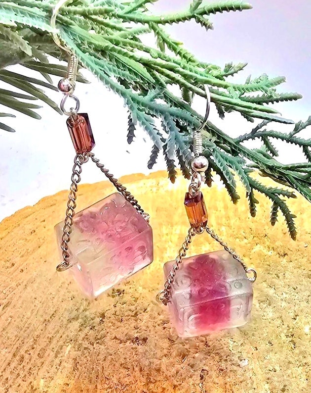 Unique Nature Rainbow Fluorite Blessing Fret Symbols Block S925 Dangle Earring