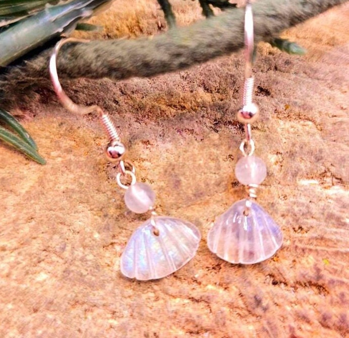 Beautiful Nature Moonstone Flashy Hand Carved Shell S925 Dangle Earring