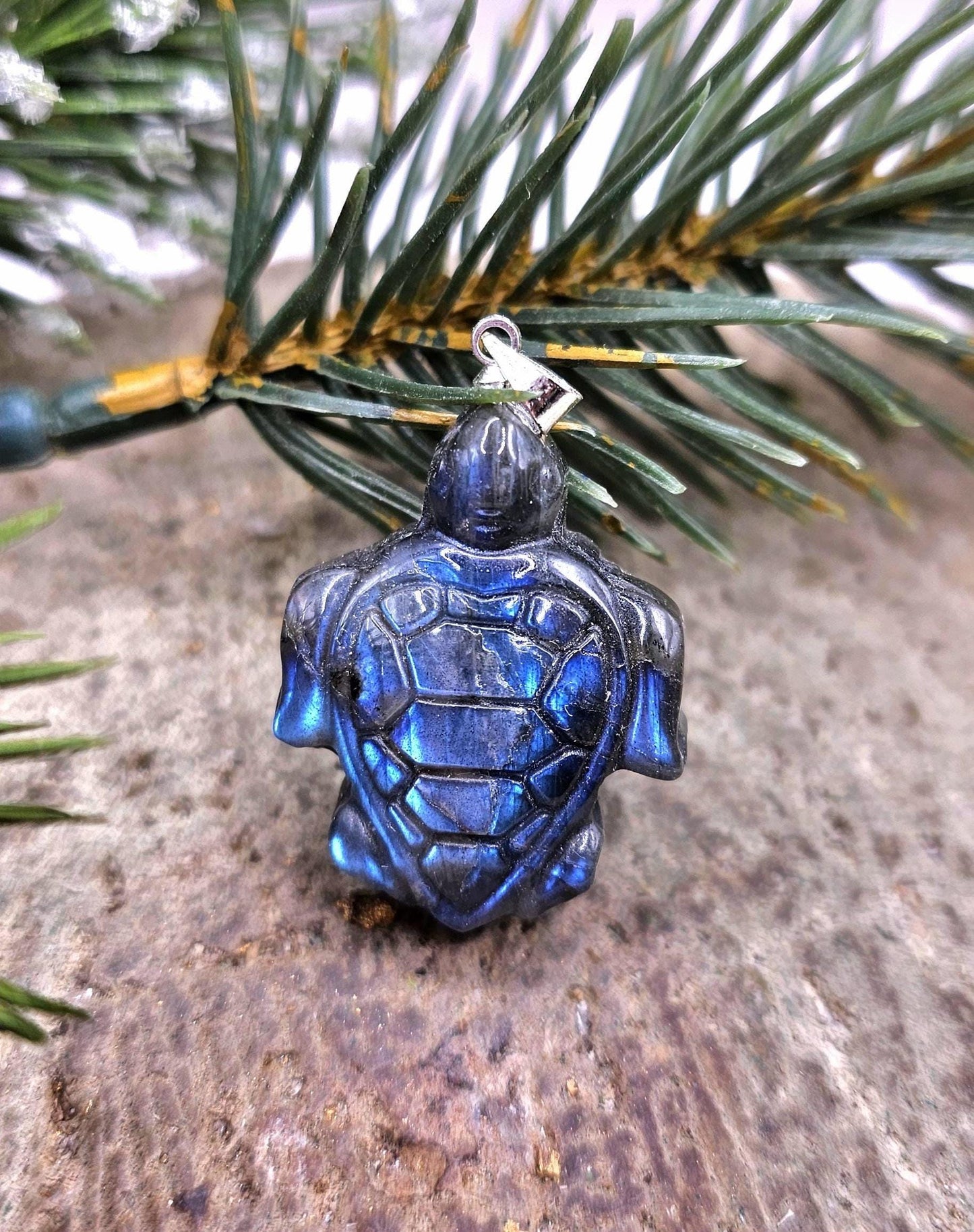 Nature Labradorite Carved Big Sea Turtle  Pendant Necklace