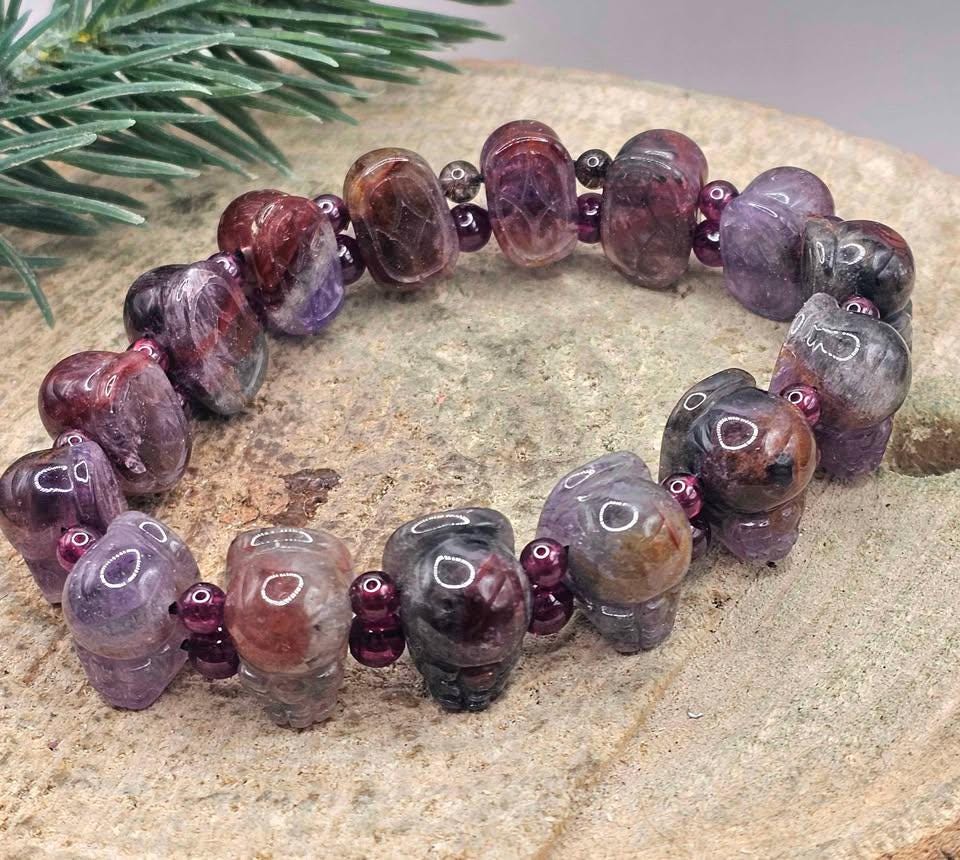 Rare Nature Auralite 23 Hand Carved Pi Xiu Purple Garnet Feng Shui Bracelet