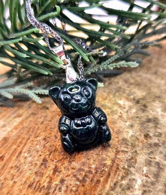 Certified Nature Dark Jade Carved Cute Bear With Bow Pendant Necklace