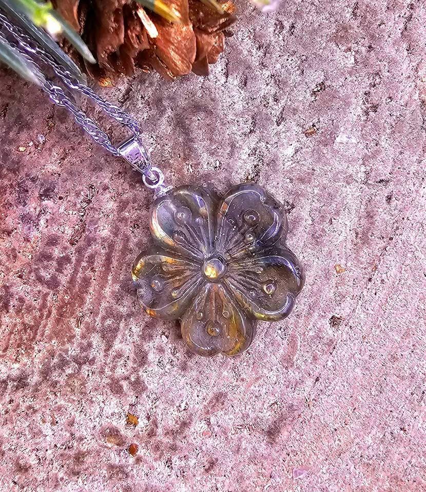 Nature Labradorite Carved Flashy Cherry Blossom Pendant Necklace