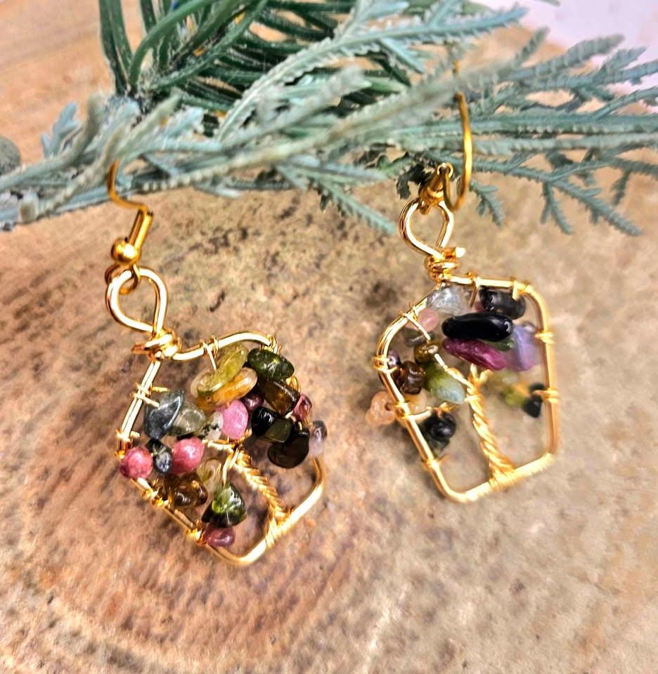 Nature Tourmaline Chips Tree of Life Earring