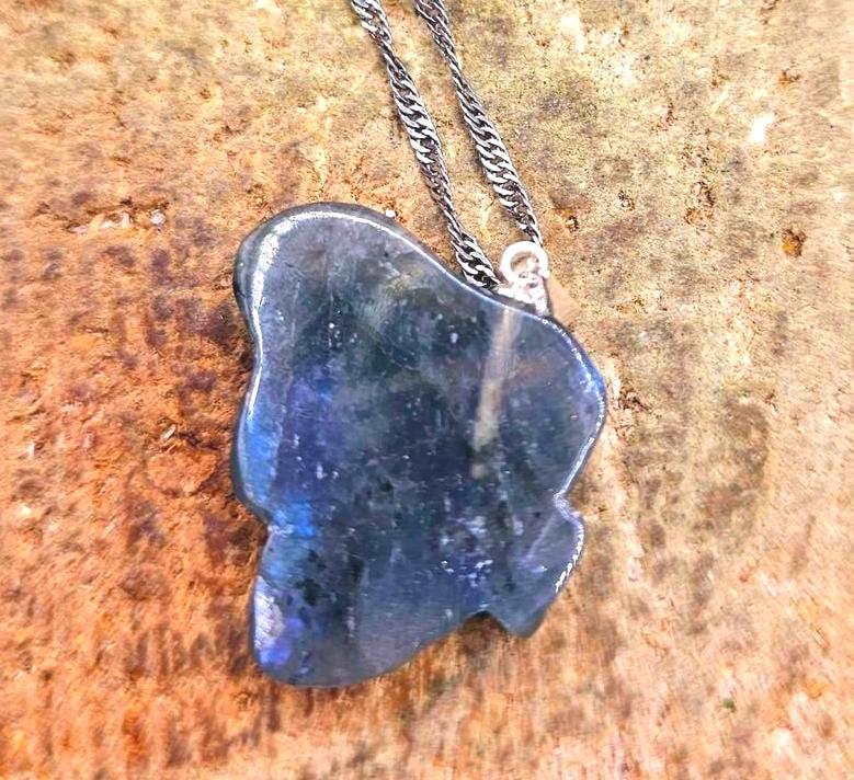 Nature Labradorite Carved Flashy Sleeping Butterfly Fairy Pendant Necklace