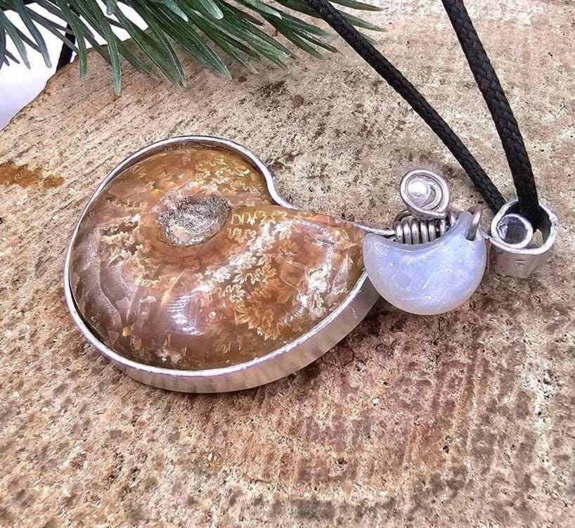 Nature Flashy Ammonite Moonstone Moon Wire Wrapped Pendant Necklace