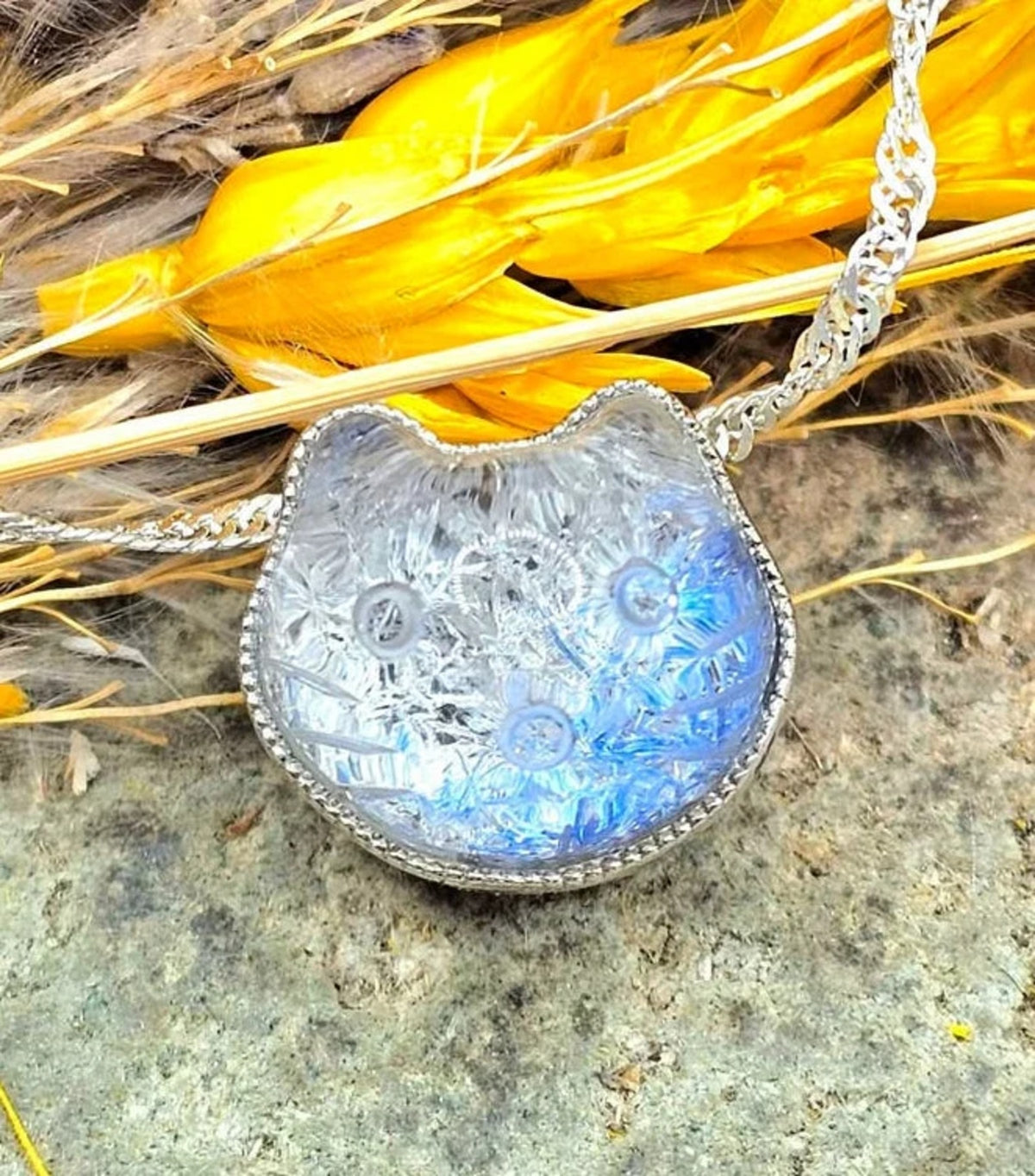 Rare Blue Rutilated Crystal Hand Carved Kitty S925 Charm Necklace HD