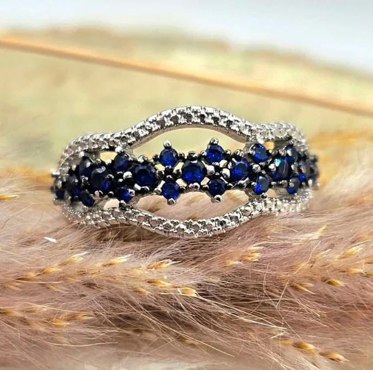 Blue Sapphire Floral Pattern S925 Ring HD