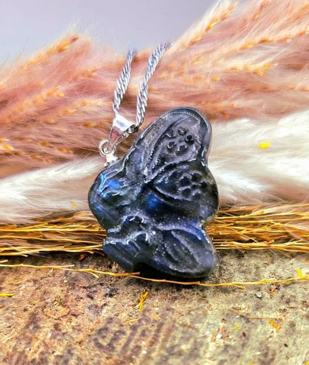 Natural Labradorite Carved Flashy Sleeping Butterfly Fairy Pendant Necklace HD