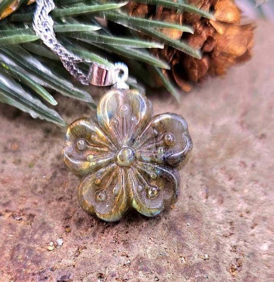 Nature Labradorite Carved Flashy Cherry Blossom Pendant Necklace