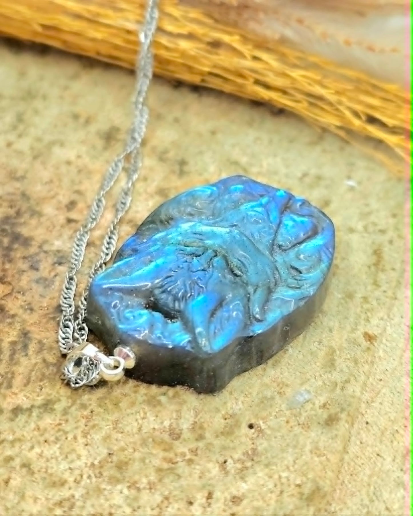 Natural Labradorite Moonstone Carved Sitting Nine Tails Fox Pendant Necklace