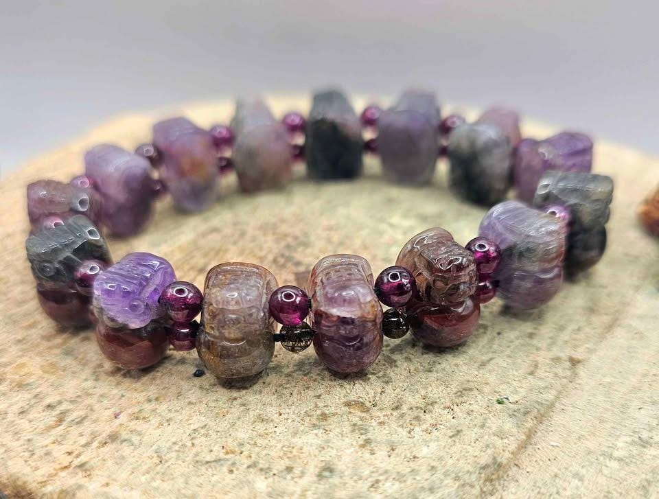 Rare Nature Auralite 23 Hand Carved Pi Xiu Purple Garnet Feng Shui Bracelet