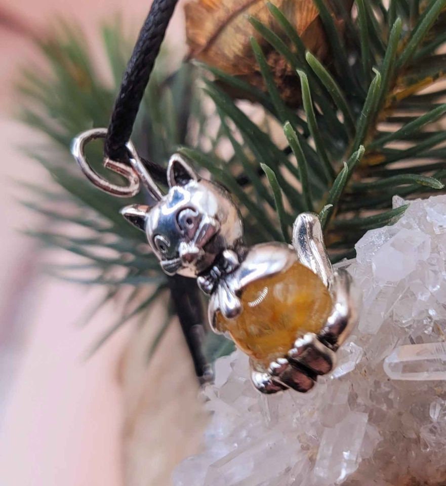 Unique Nature Rutilated Sphere Funny Cat Pendant Necklace