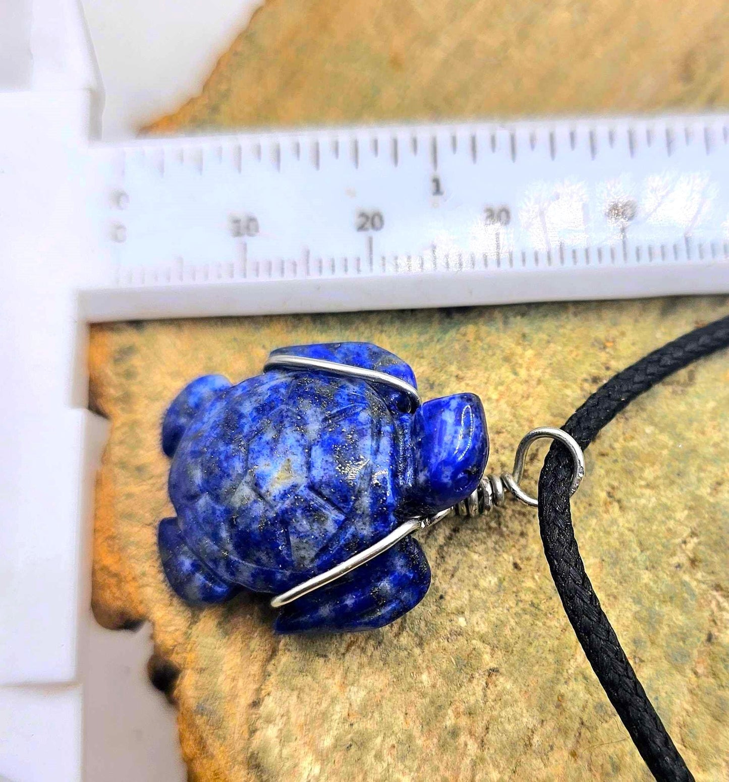 Nature Lapis Lazuli Carved Cute Turtle Wire Wrapped Pendant Necklace