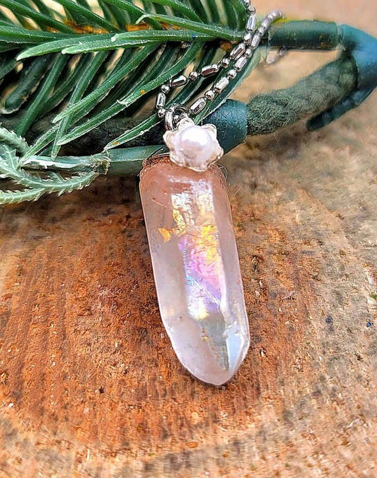 Beautiful Rainbow Aura Nature Crystal Point With Flower Pendant Necklace