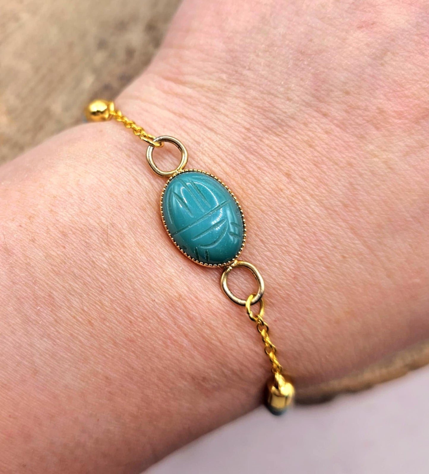 Nature Stone Hand Carved Scarab Beetle Hand Braided Bracelet