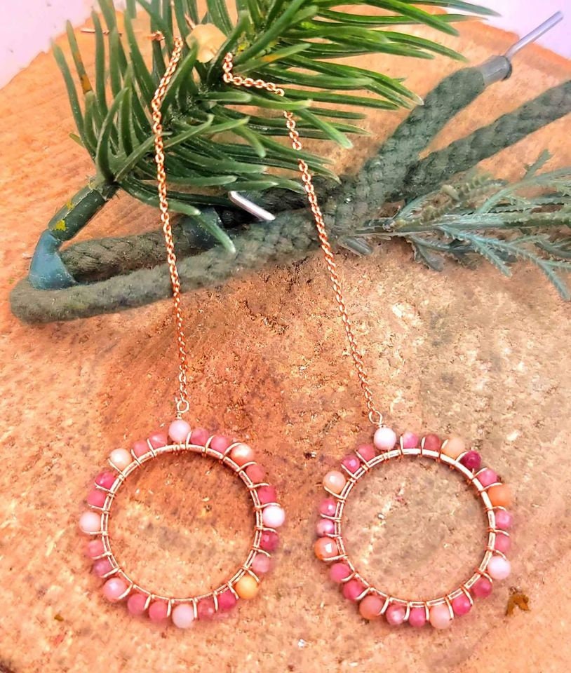 Beautiful Nature Pink Plum Blossom Tourmaline Faced S925 Threader Earrings