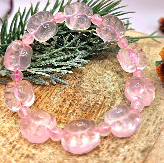 Premium Nature Rose Quartz Carved Cute Paw Beads Bracelet