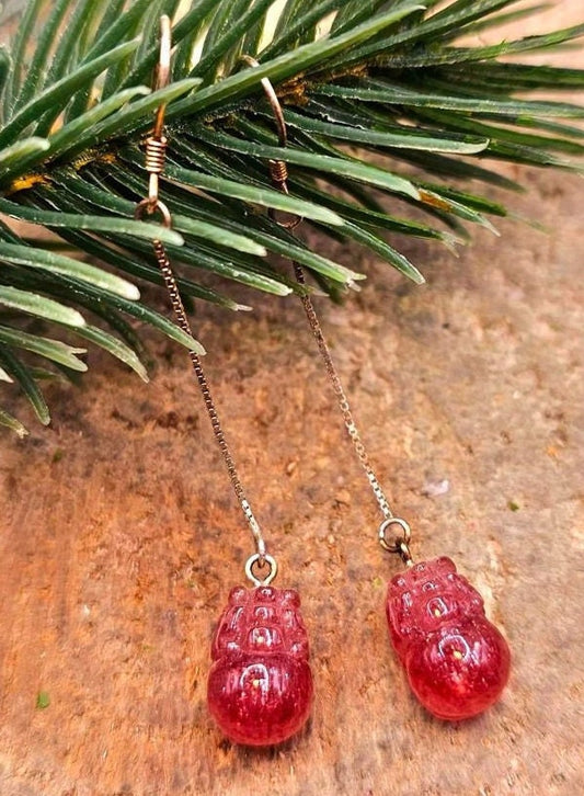 Nature Strawberry Quartz Hand Carved Pi Xiu Blessing Coin S925 Dangle Earring