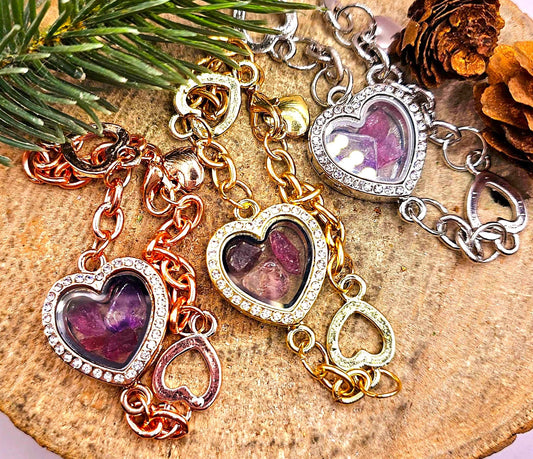 Floating Crystal Stone Openable Heart Locket Bracelet