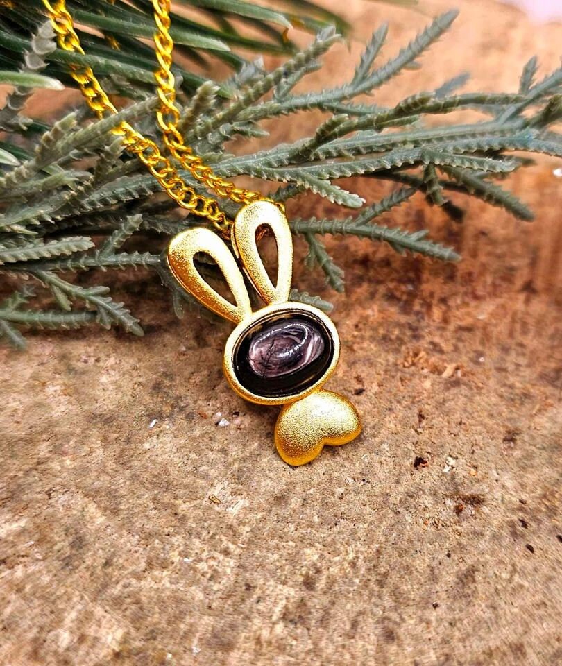 Silver Obsidian Flashy Stone Gold Matte Cute Bunny Pendant Necklace