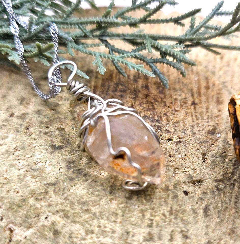 Beautiful Nature Skeletal Fenster Quartz Point Wire Wrapped Pendant Necklace