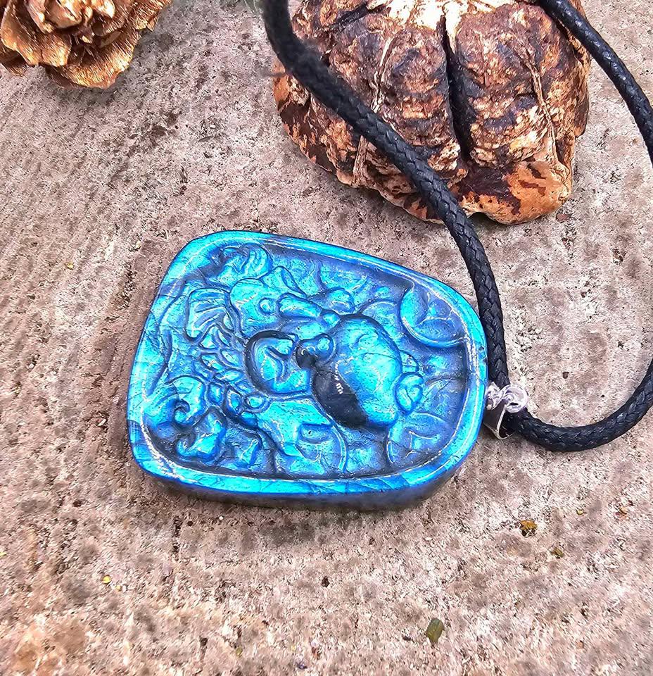 Nature Labradorite Lucky Cat On Carp Pendant Necklace