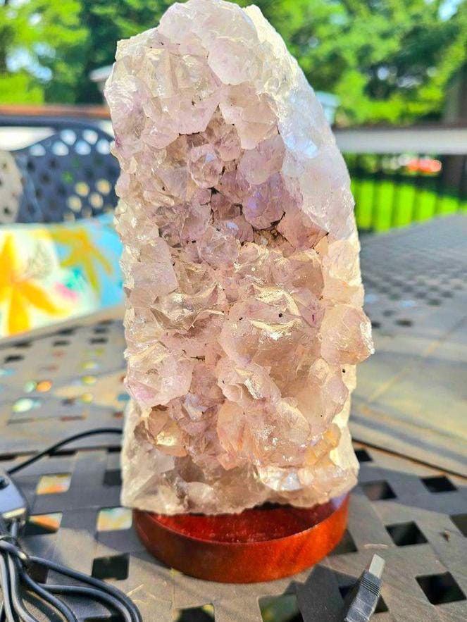 Large Amethyst Geode Cluster Lamp With Wood Lamp Base