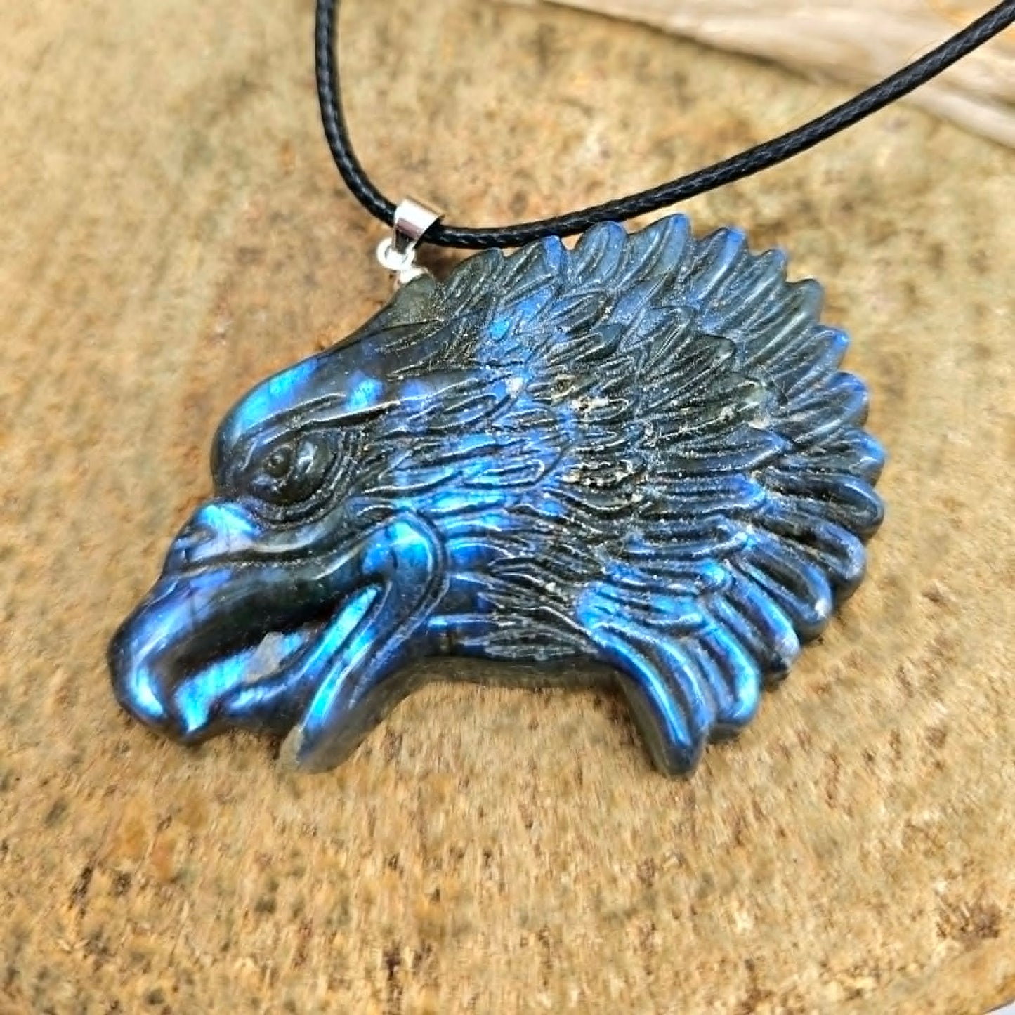 Labradorite flashy eagle head pendant necklace iridescent flash — My Aura Gemstones