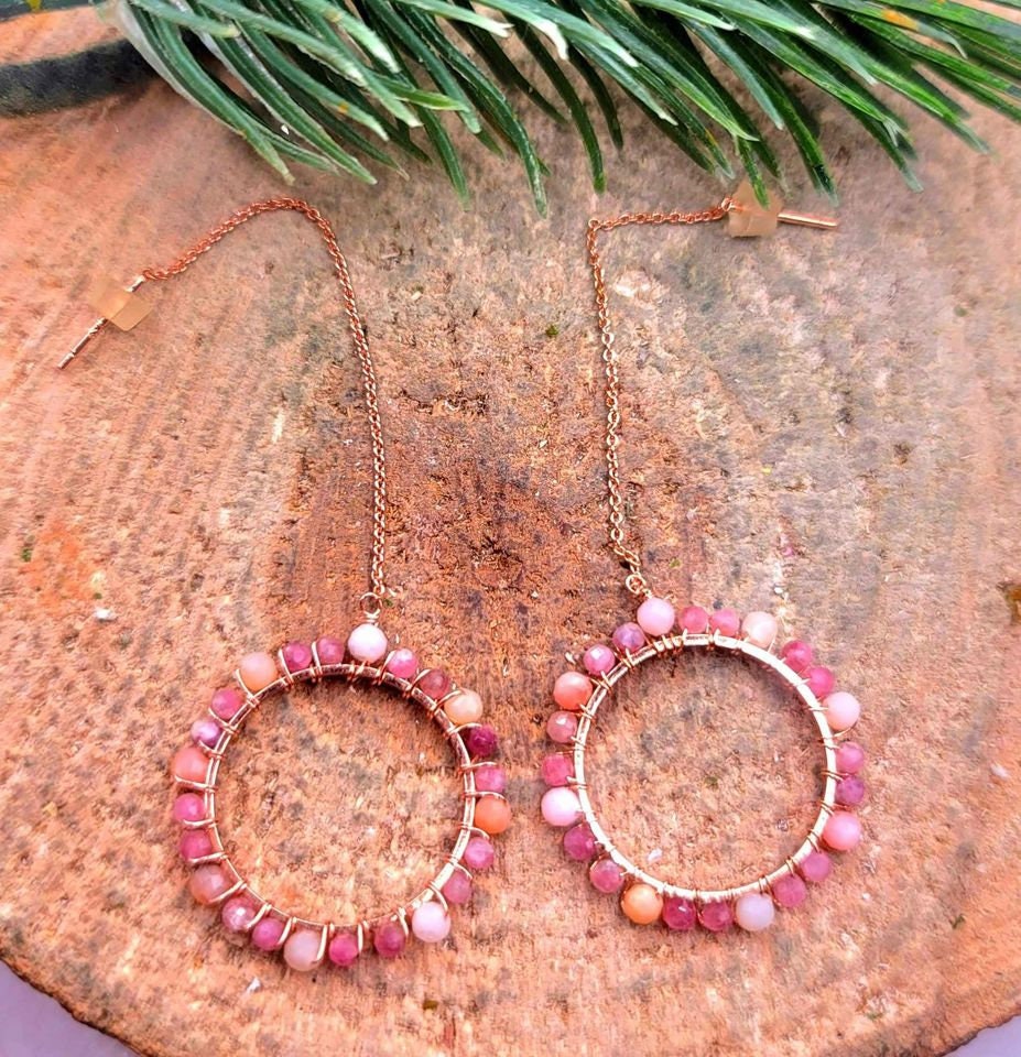 Beautiful Nature Pink Plum Blossom Tourmaline Faced S925 Threader Earrings
