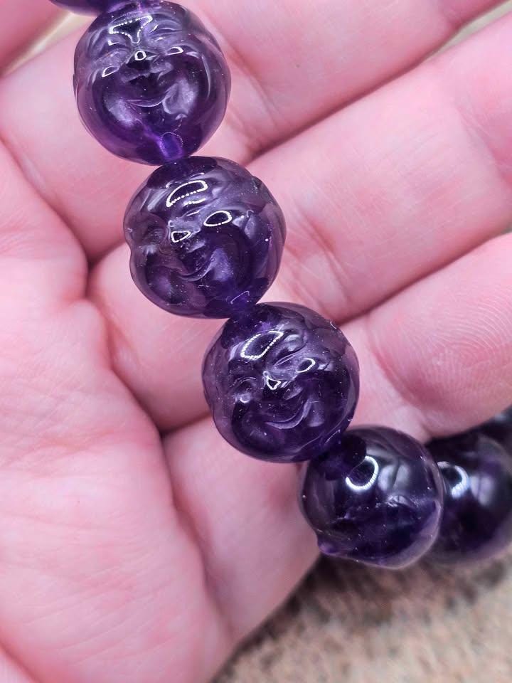 Rare Nature Amethyst Carved Happy Buddha Bead Bracelet