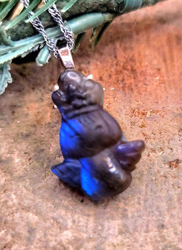 Nature Labradorite Flashy Carved Flying Angel Pendant Necklace