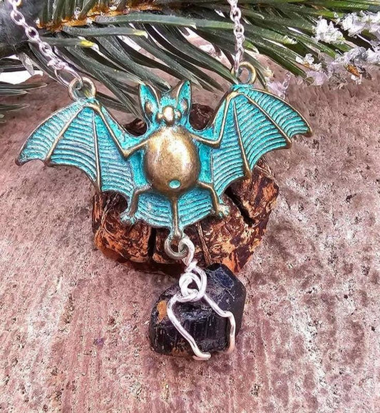 Flying Bat Nature Black Tourmaline Raw Stone Pendant Necklace