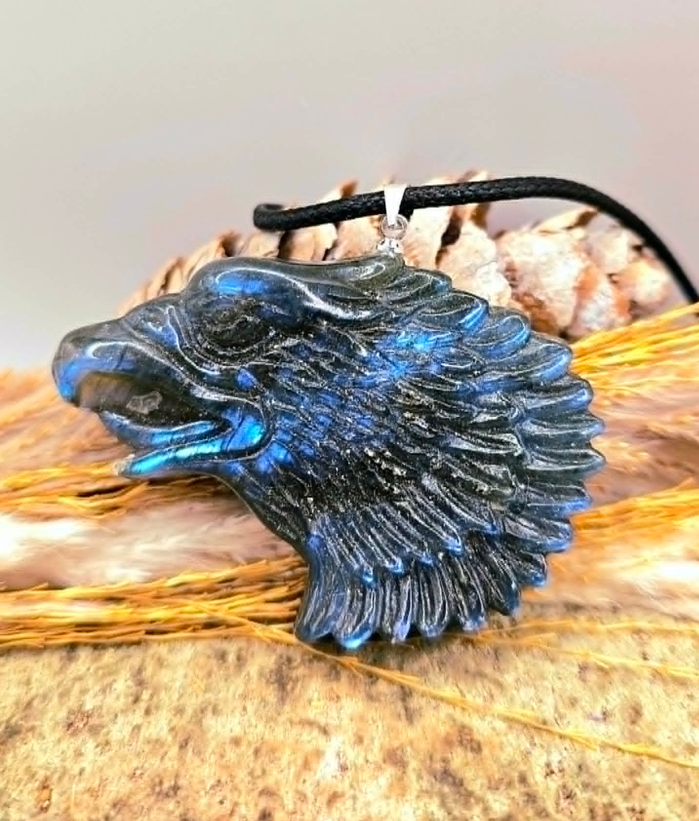Labradorite flashy eagle head pendant necklace side view — My Aura Gemstones