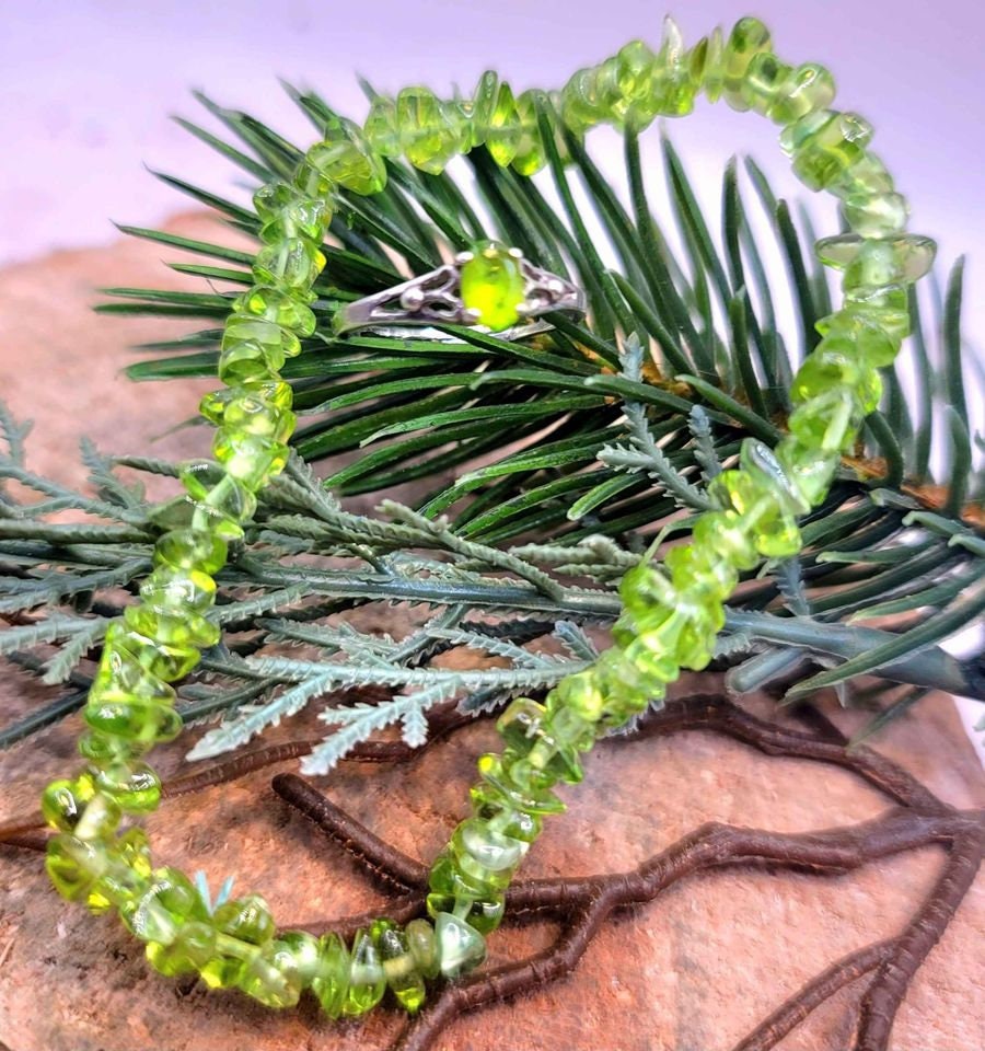 Beautiful Nature Green Peridot Bracelet & Sterling Silver Ring 2pcs Set