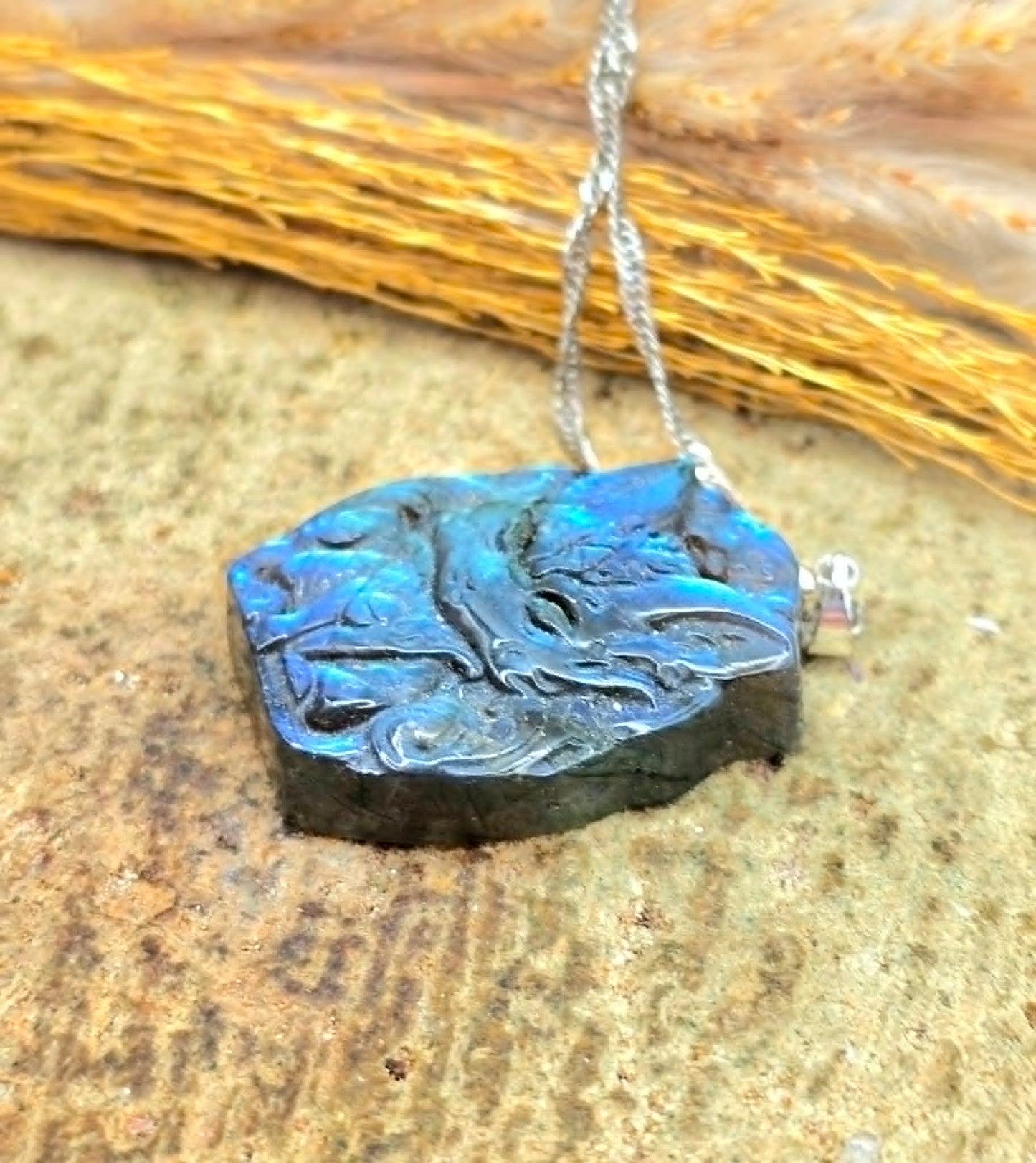 Natural Labradorite Moonstone Carved Sitting Nine Tails Fox Pendant Necklace