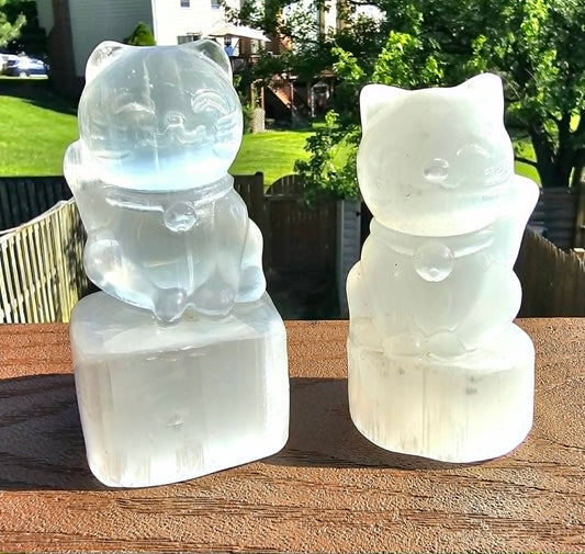 Premium Grade Selenite Hand Carved 4" Lucky Cat Figure
